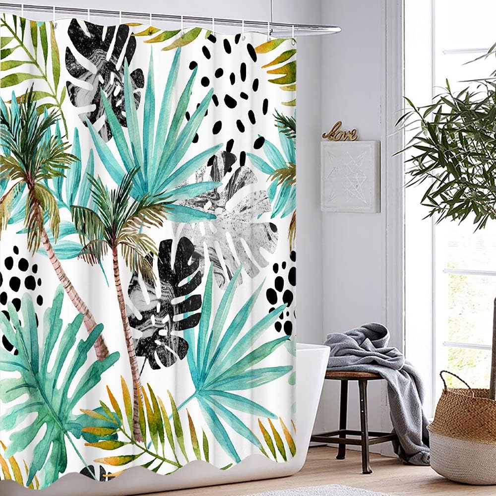 Teal Botanical Monstera Leaf Palm Tree Tropical Palm Leaf Shower Curtain for Bathroom Decor