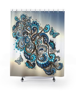 Teal Brown Paisley Butterfly Fabric Shower Curtain Turquoise Brown Tan Cream Aqua Floral