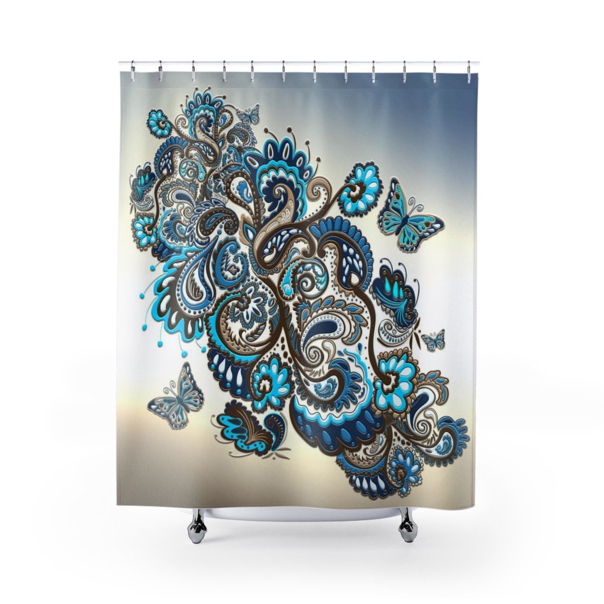 Teal Brown Paisley Butterfly Fabric Shower Curtain Turquoise Brown Tan Cream Aqua Floral