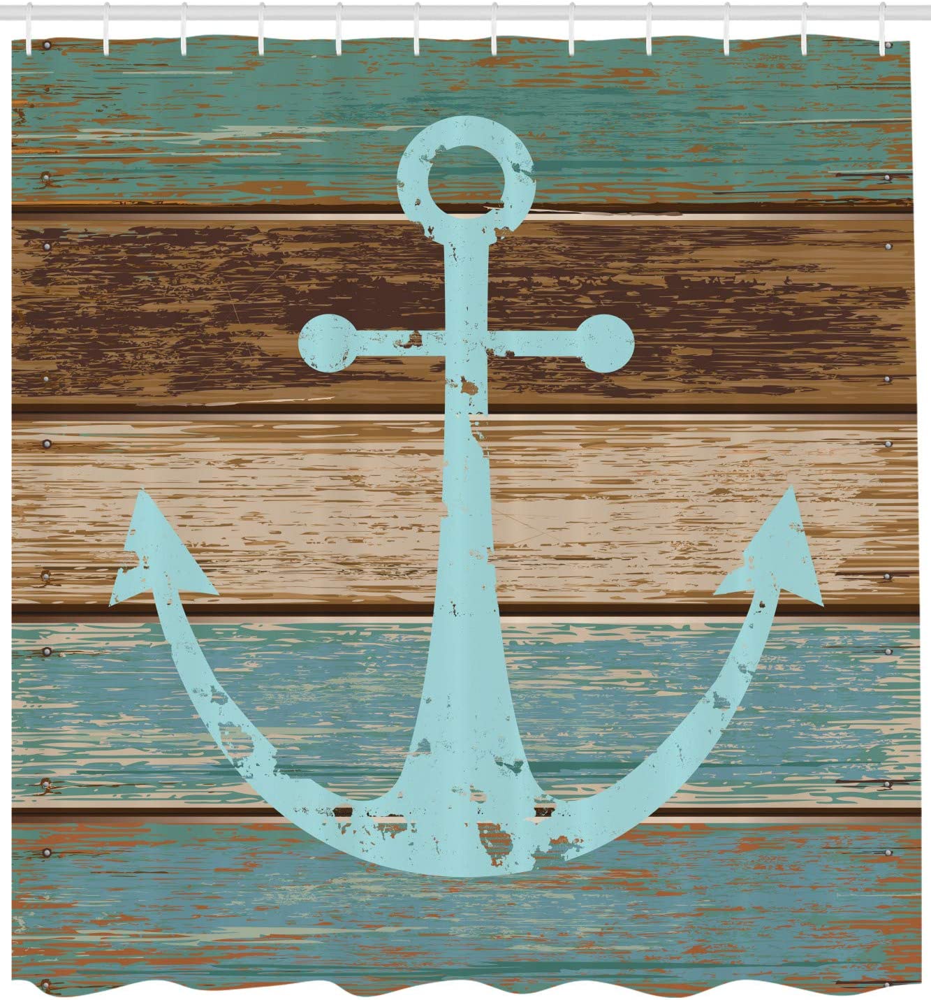 Teal Brown Rustic Nautical Theme Shower Curtain, Timeworn Marine On Weathered Wooden Planks Design - Image 2