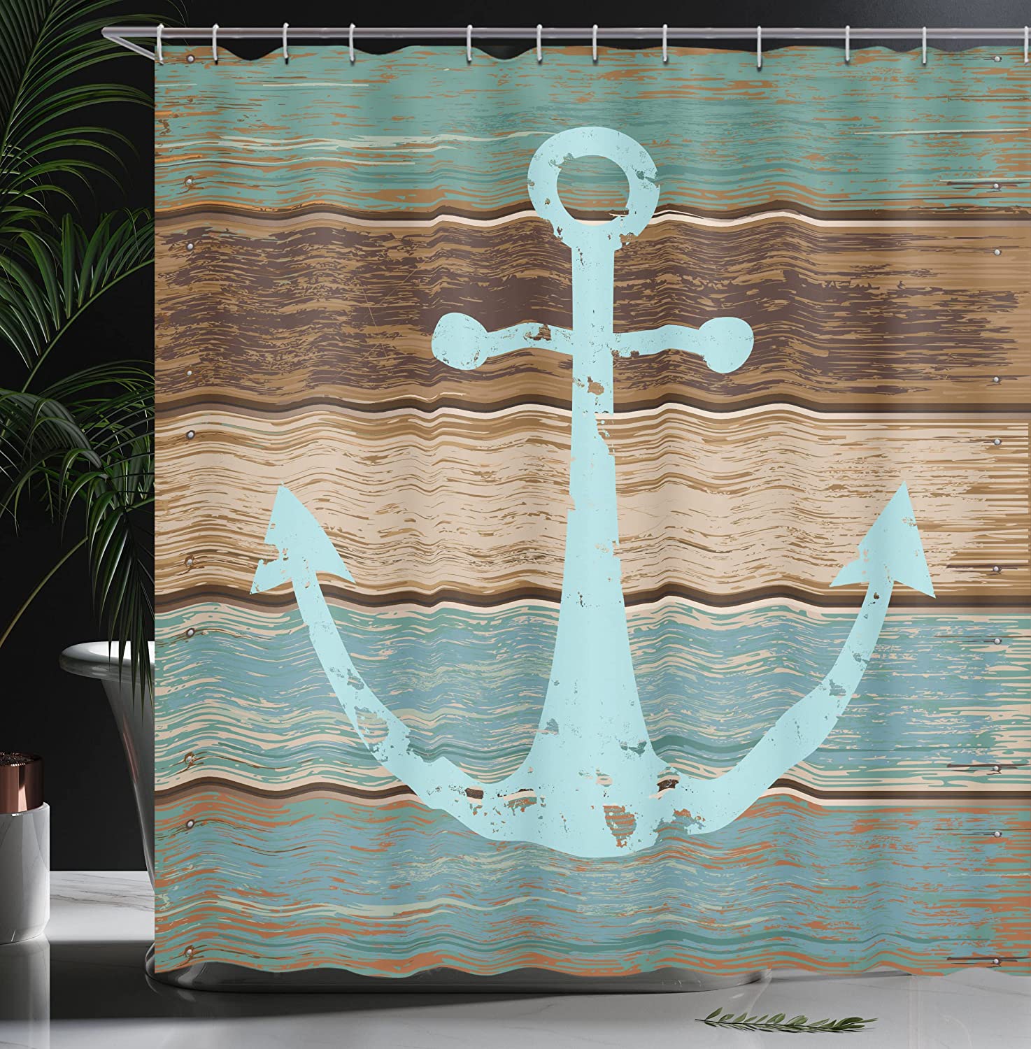 Teal Brown Rustic Nautical Theme Shower Curtain, Timeworn Marine On Weathered Wooden Planks Design - Image 3