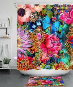 Teal Butterfly Fabric Shower Curtain With Colorful Flowers, Ideal Accessory For Any Bathroom
