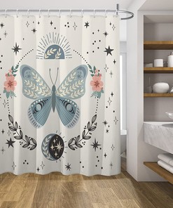 Teal Butterfly Shower Curtain - Boho Butterflies Floral Sun Moon Design For Modern Aesthetic Art