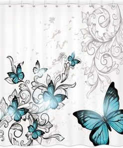 Teal Butterfly Shower Curtain With Floral Flower For A Colorful And Romantic Bathroom