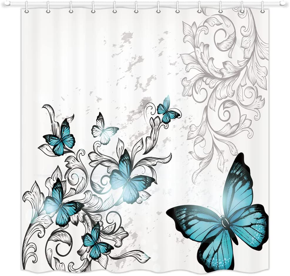 Teal Butterfly Shower Curtain With Floral Flower For A Colorful And Romantic Bathroom