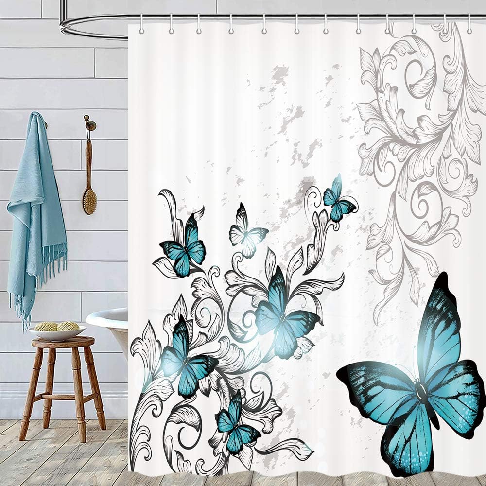 Teal Butterfly Shower Curtain With Floral Flower For A Colorful And Romantic Bathroom - Image 2