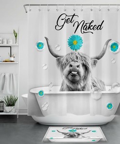 Teal Daisy Flower Highland Cow Shower Curtain With Get Naked Quote - Boho Bathroom Decor - Shower Curtain Designs
