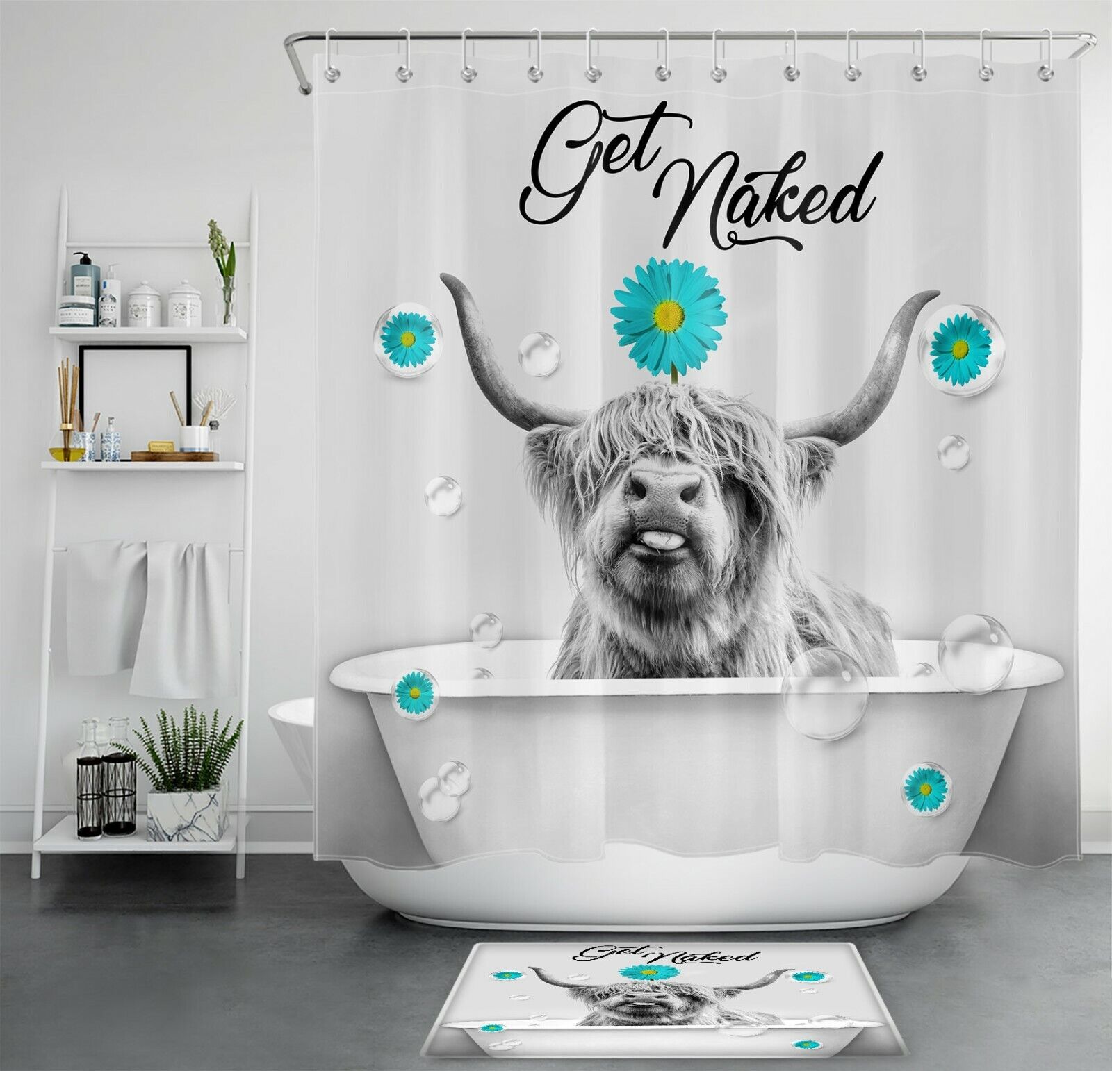 Teal Daisy Flower Highland Cow Shower Curtain With Get Naked Quote - Boho Bathroom Decor - Shower Curtain Designs