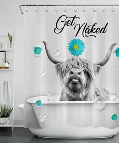 Teal Daisy Flower Highland Cow Shower Curtain With Get Naked Quote - Boho Bathroom Decor - Shower Curtain Designs