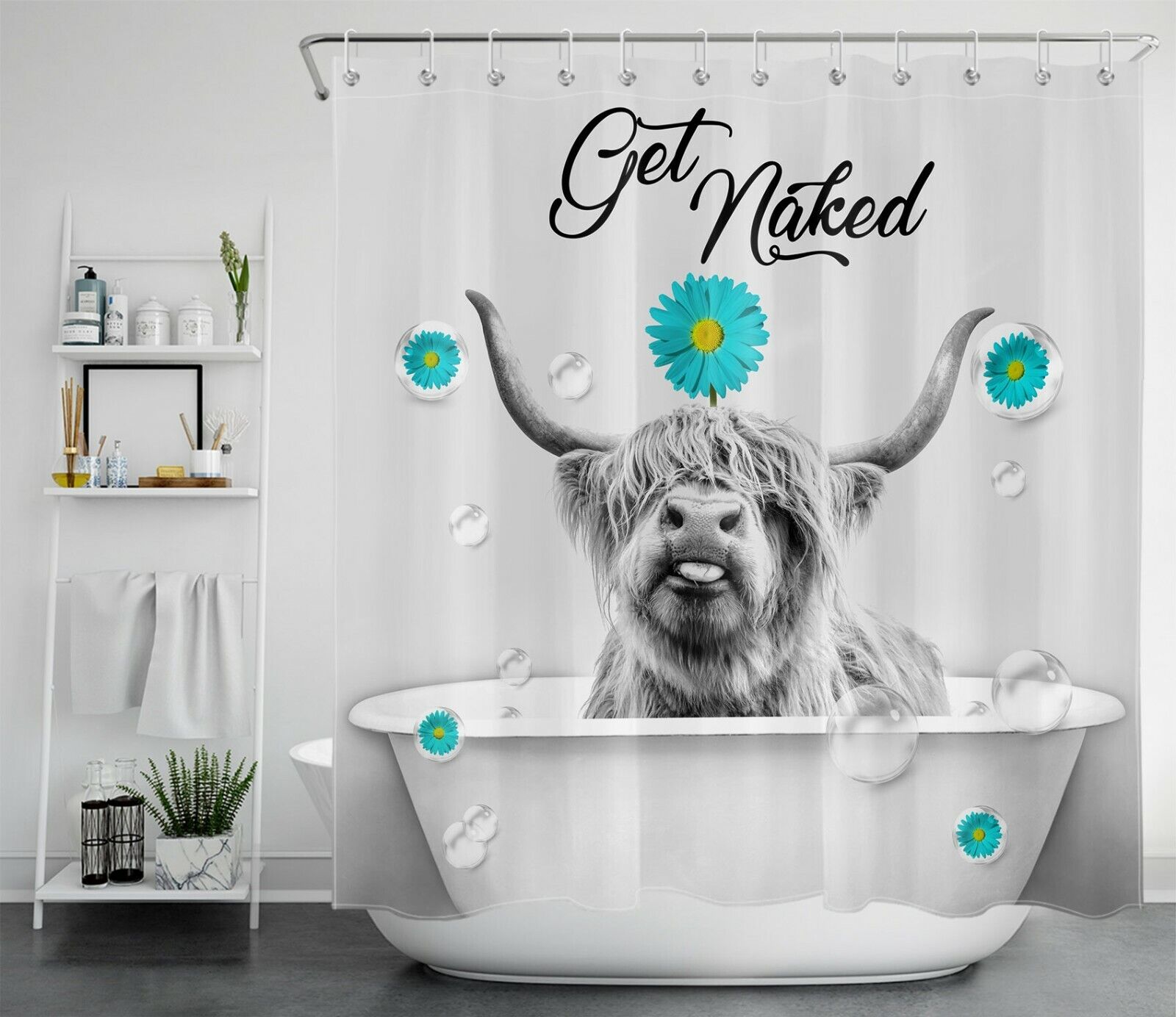 Teal Daisy Flower Highland Cow Shower Curtain With Get Naked Quote - Boho Bathroom Decor - Shower Curtain Designs
