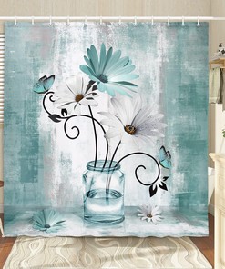 Teal Daisy Flower Shower Curtain Rustic Farmhouse Floral Butterfly Bathroom