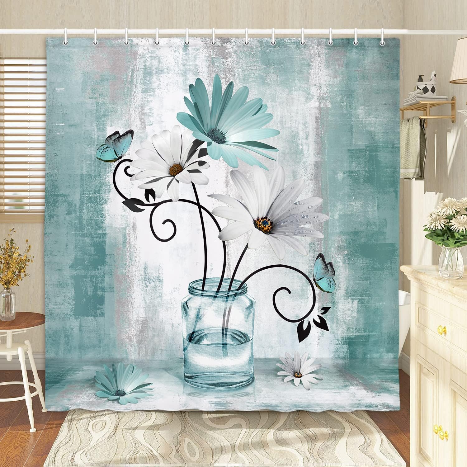 Teal Daisy Flower Shower Curtain Rustic Farmhouse Floral Butterfly Bathroom
