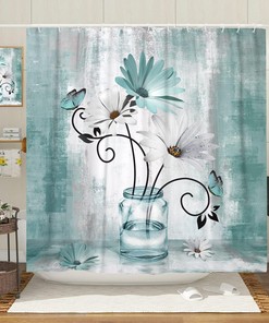 Teal Daisy Flower Shower Curtain Rustic Farmhouse Floral Butterfly Bathroom