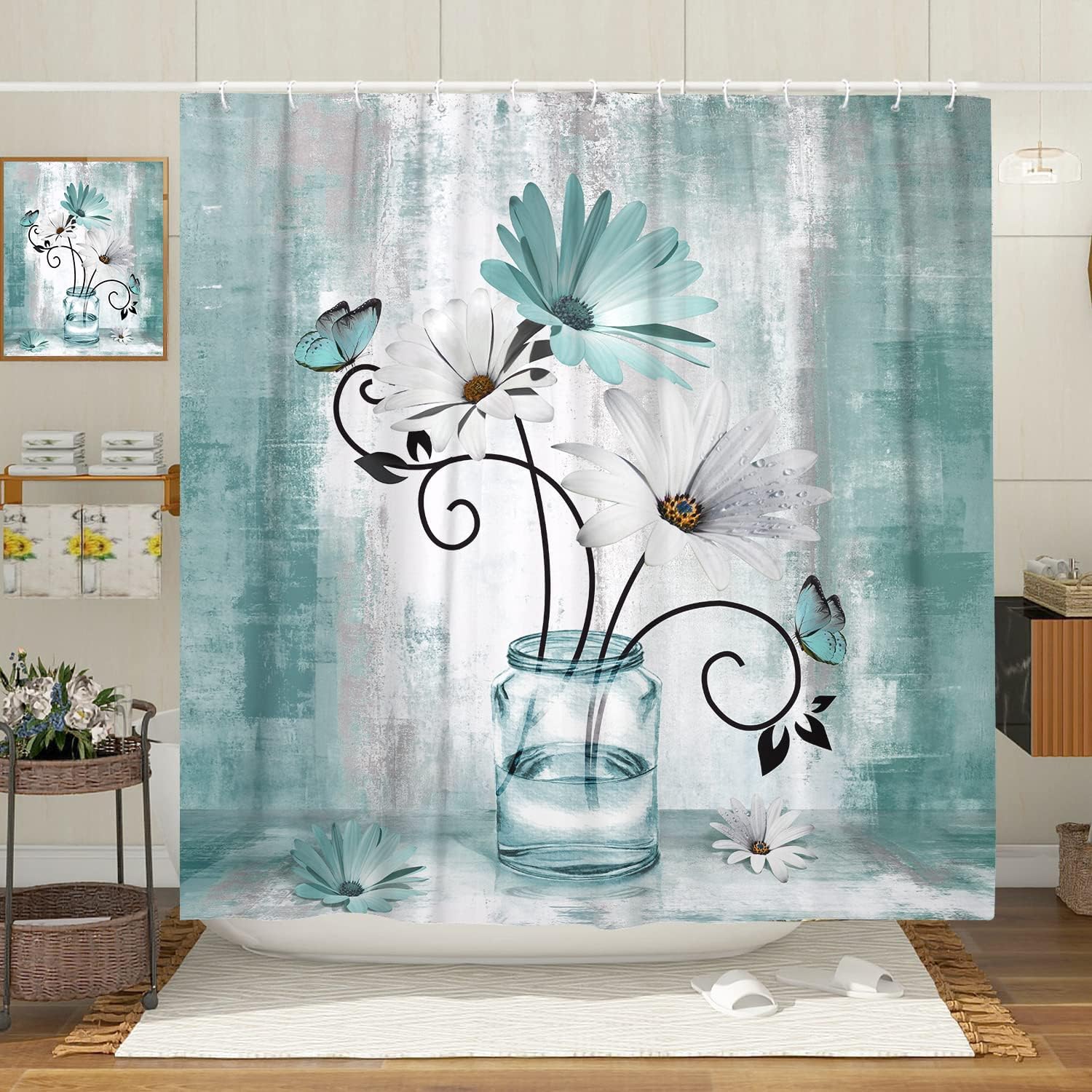 Teal Daisy Flower Shower Curtain Rustic Farmhouse Floral Butterfly Bathroom