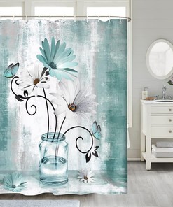 Teal Daisy Flower Shower Curtain Rustic Farmhouse Floral Butterfly Bathroom