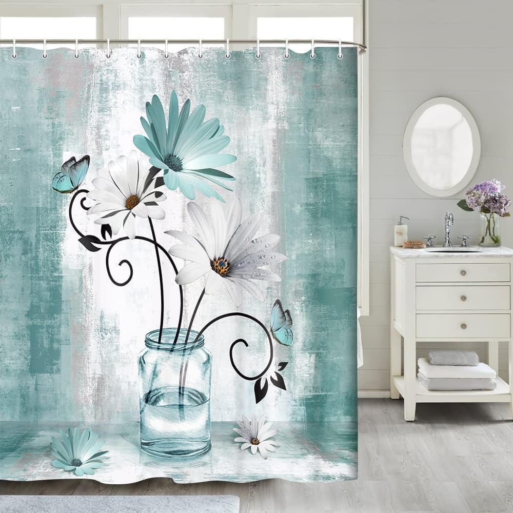 Teal Daisy Flower Shower Curtain Rustic Farmhouse Floral Butterfly Bathroom