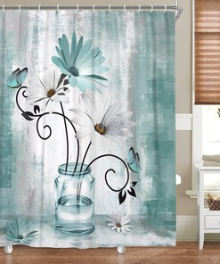 Teal Daisy Flower Shower Curtain Rustic Farmhouse Floral Butterfly Bathroom