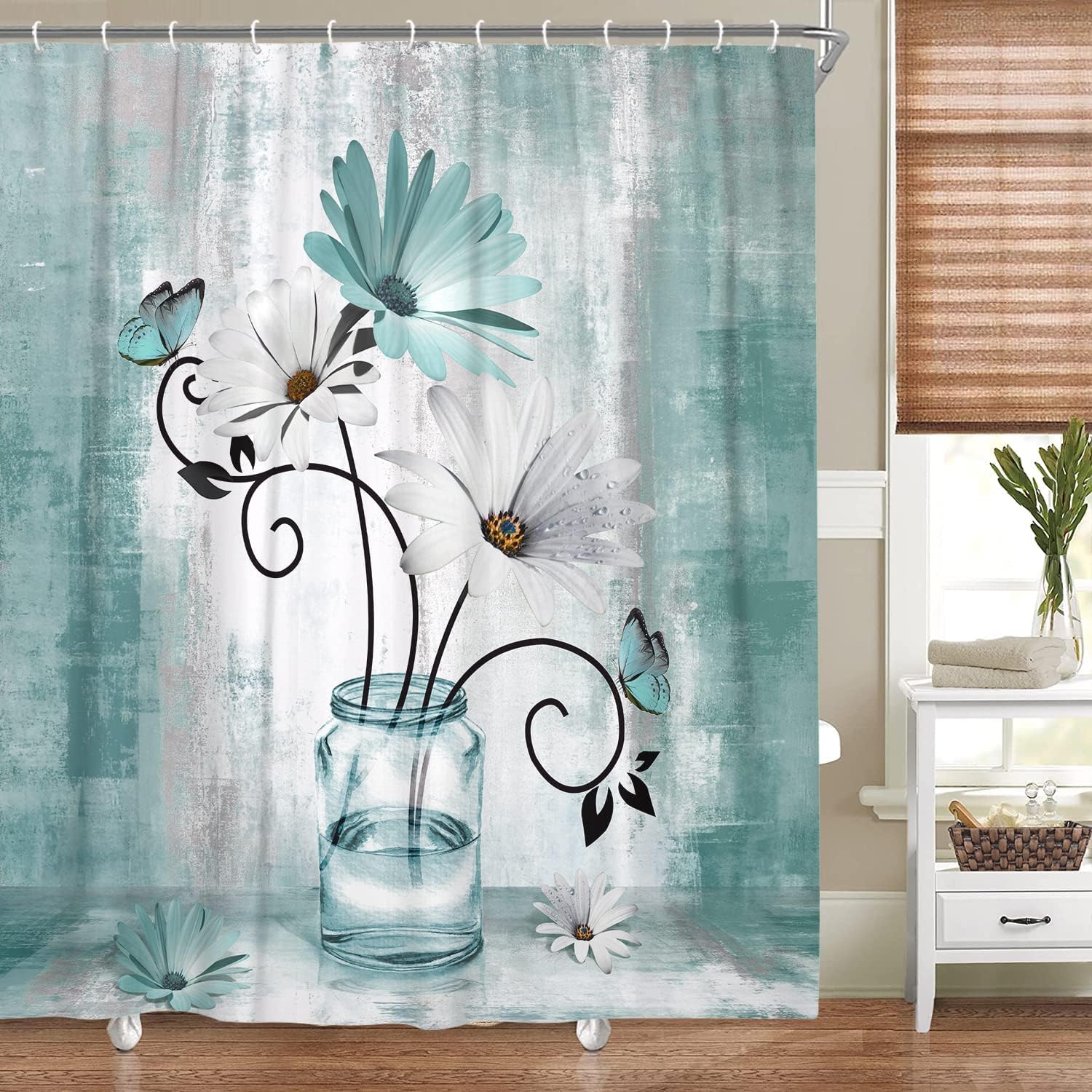 Teal Daisy Flower Shower Curtain Rustic Farmhouse Floral Butterfly Bathroom