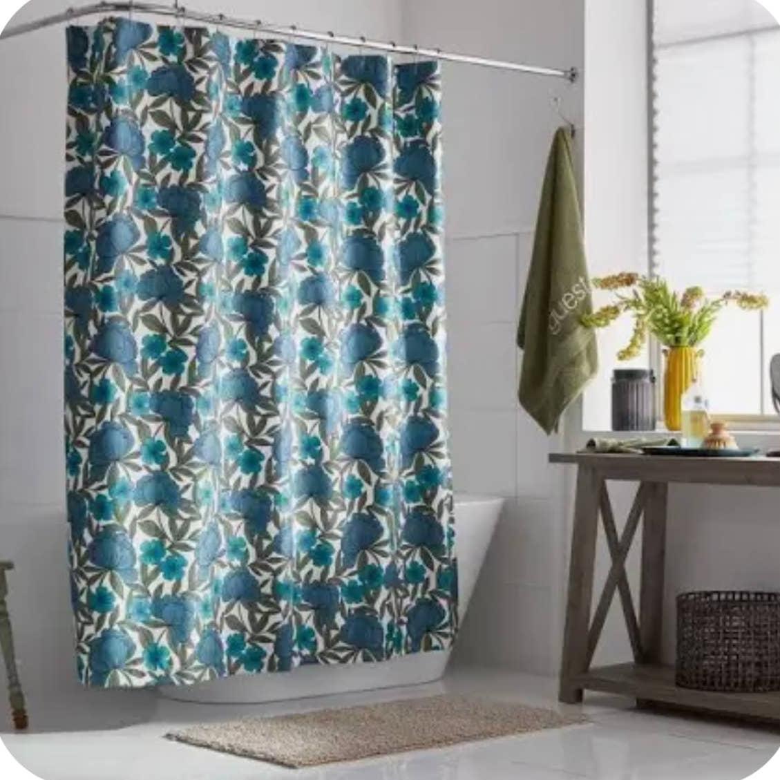 Teal Floral Shower Curtain - Wrinkle-Free Bathroom Decor