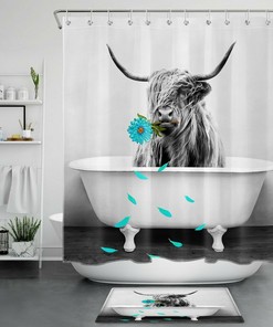 Teal Flower Highland Cow Shower Curtain Funny Rustic Farmhouse Bathroom
