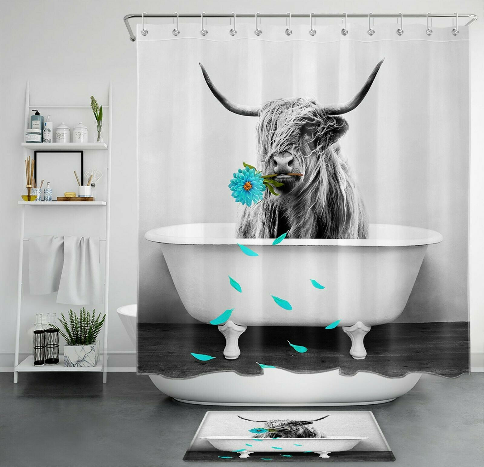 Teal Flower Highland Cow Shower Curtain Funny Rustic Farmhouse Bathroom