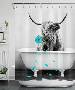 Teal Flower Highland Cow Shower Curtain Funny Rustic Farmhouse Bathroom