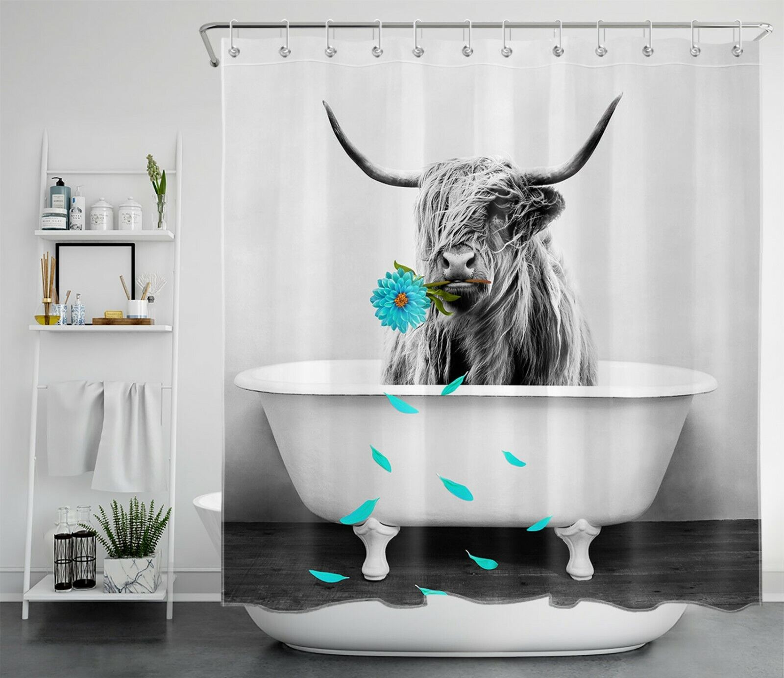 Teal Flower Highland Cow Shower Curtain Funny Rustic Farmhouse Bathroom
