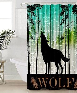 Teal Forest Black Animals Silhouette Farmhouse Wolf Shower Curtain 