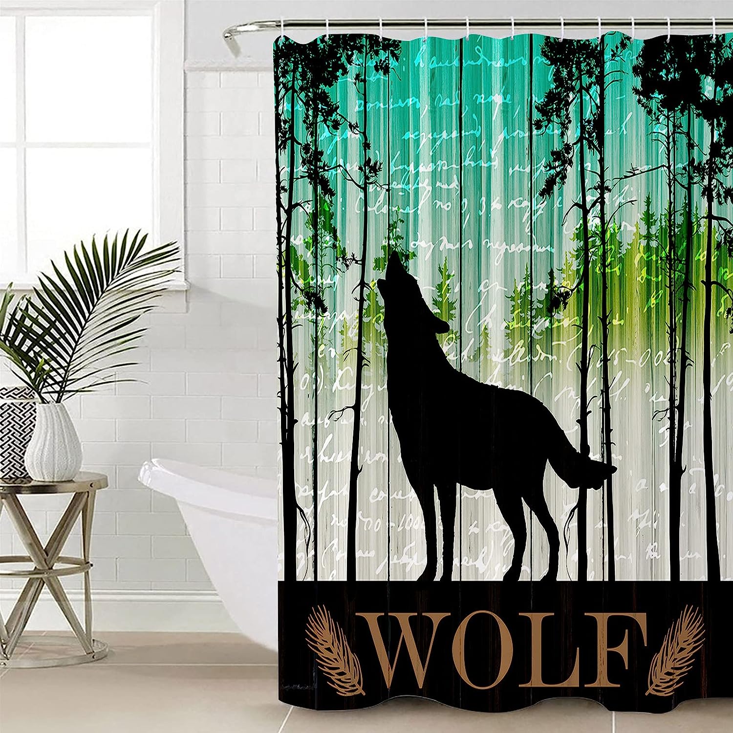 Teal Forest Black Animals Silhouette Farmhouse Wolf Shower Curtain