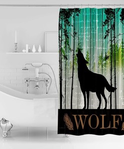 Teal Forest Black Animals Silhouette Farmhouse Wolf Shower Curtain