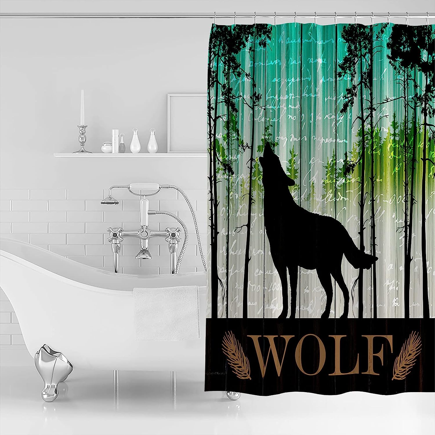 Teal Forest Black Animals Silhouette Farmhouse Wolf Shower Curtain