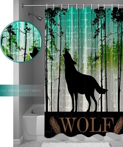 Teal Forest Black Animals Silhouette Farmhouse Wolf Shower Curtain