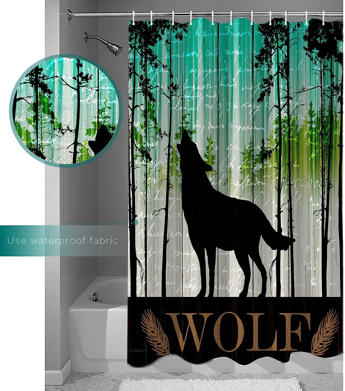 Teal Forest Black Animals Silhouette Farmhouse Wolf Shower Curtain