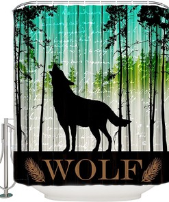Teal Forest Black Animals Silhouette Farmhouse Wolf Shower Curtain