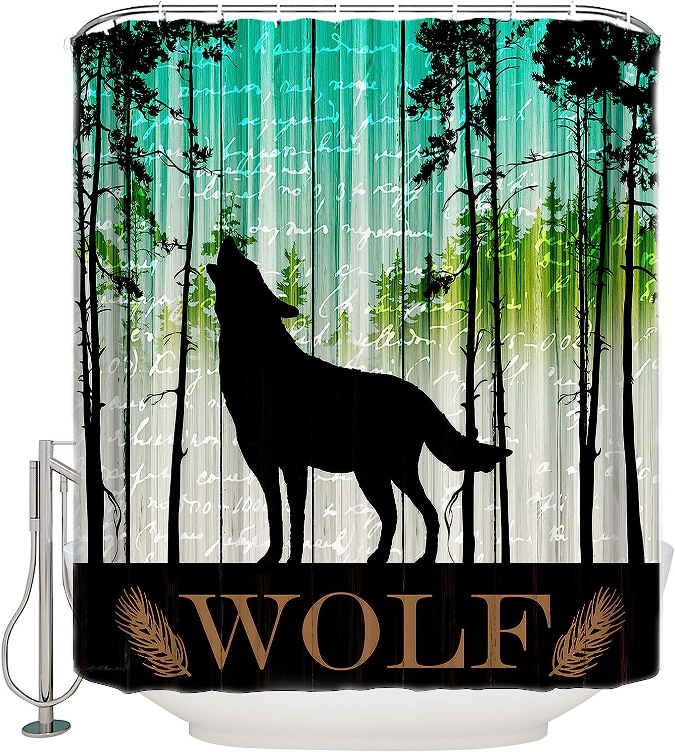 Teal Forest Black Animals Silhouette Farmhouse Wolf Shower Curtain
