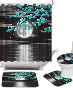 Teal Full Moon And Landscape Floral Shower Curtains With Nature And Flowers,