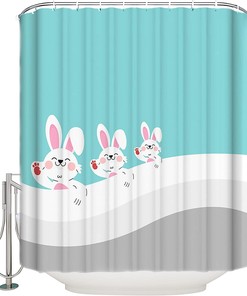 Teal Gradient Bunny Cartoon Geometric Easter Shower Curtain - Waterproof Bath Curtain For Spring Bathroom Decor