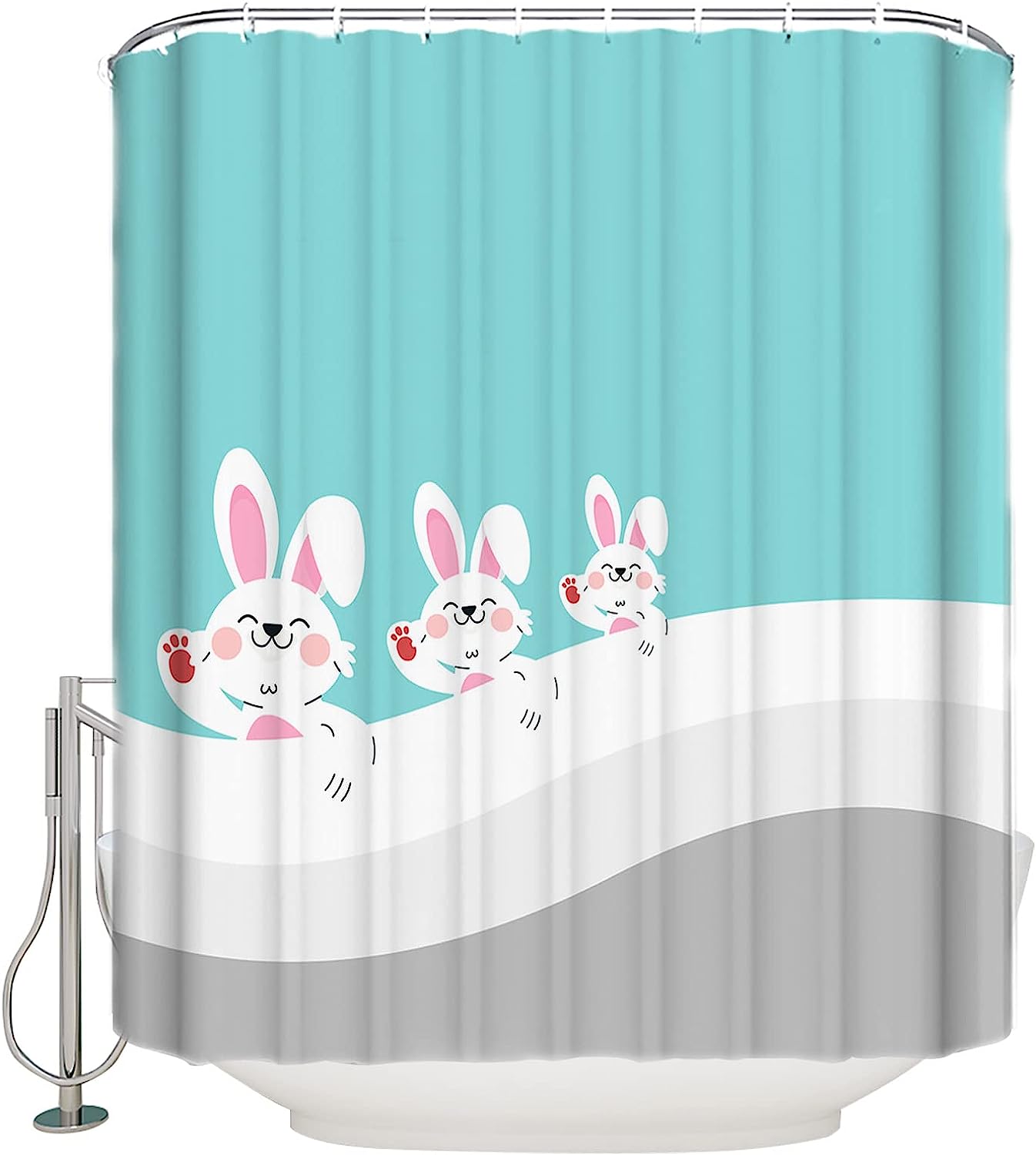 Teal Gradient Bunny Cartoon Geometric Easter Shower Curtain - Waterproof Bath Curtain For Spring Bathroom Decor