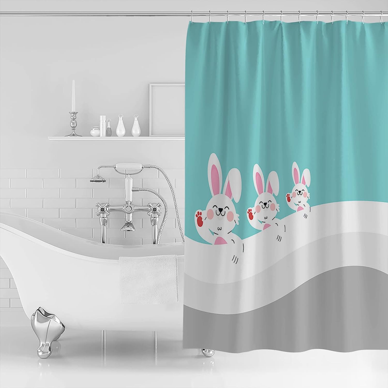 Teal Gradient Bunny Cartoon Geometric Easter Shower Curtain - Waterproof Bath Curtain For Spring Bathroom Decor - Image 2