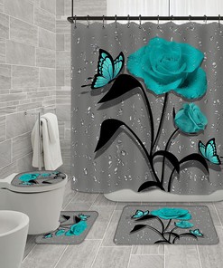 Teal Gray Rose Floral Shower Curtain With Raindrops Bath Mat Accessories