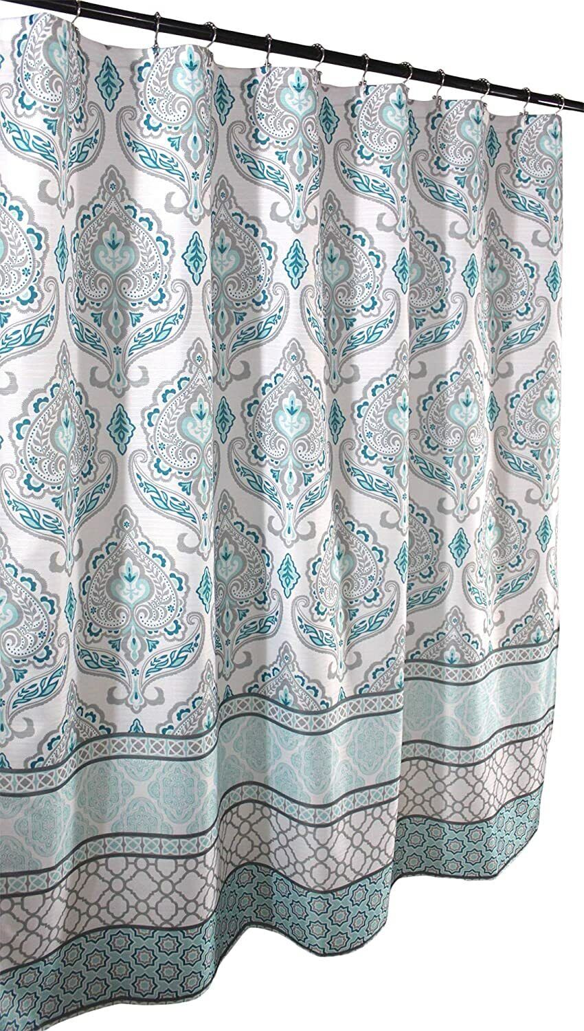 Teal Grey White Floral Damask Geometric Border Shower Curtain