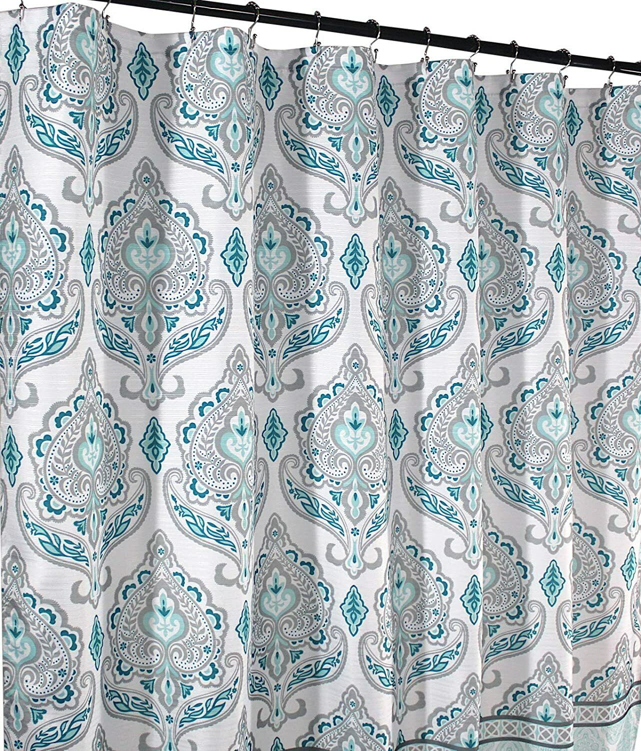 Teal Grey White Floral Damask Geometric Border Shower Curtain