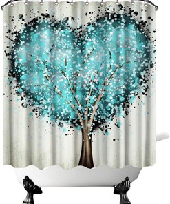 Teal Heart Shower Curtain Tree Of Life Love Theme Beige Waterproof Fabric Bathroom Decorr