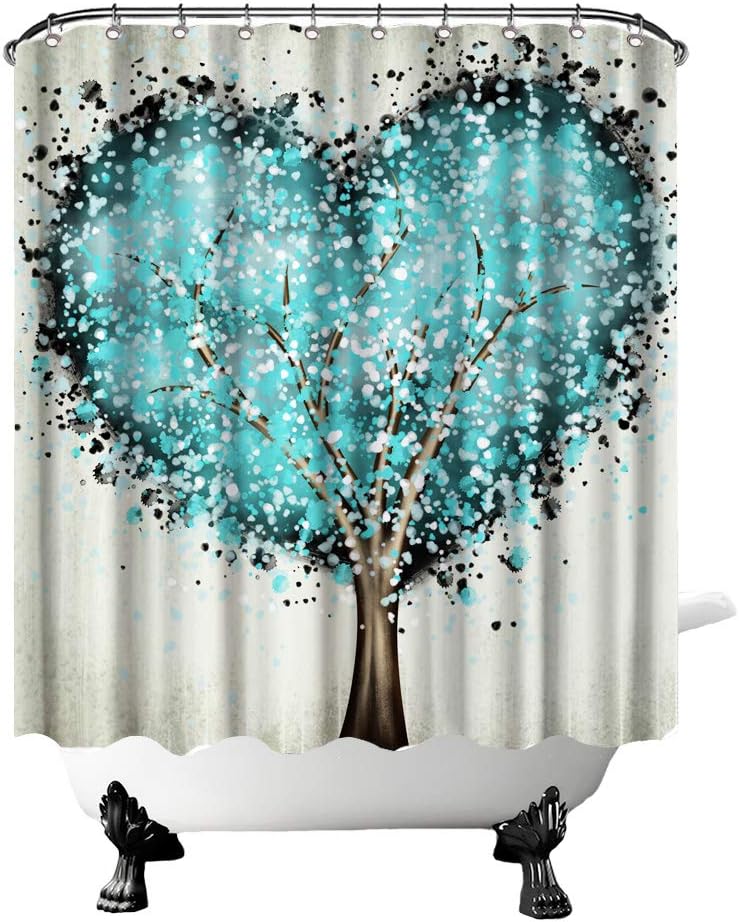 Teal Heart Shower Curtain Tree Of Life Love Theme Beige Waterproof Fabric Bathroom Decorr