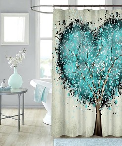 Teal Heart Shower Curtain Tree Of Life Love Theme Beige Waterproof Fabric Bathroom Decorr