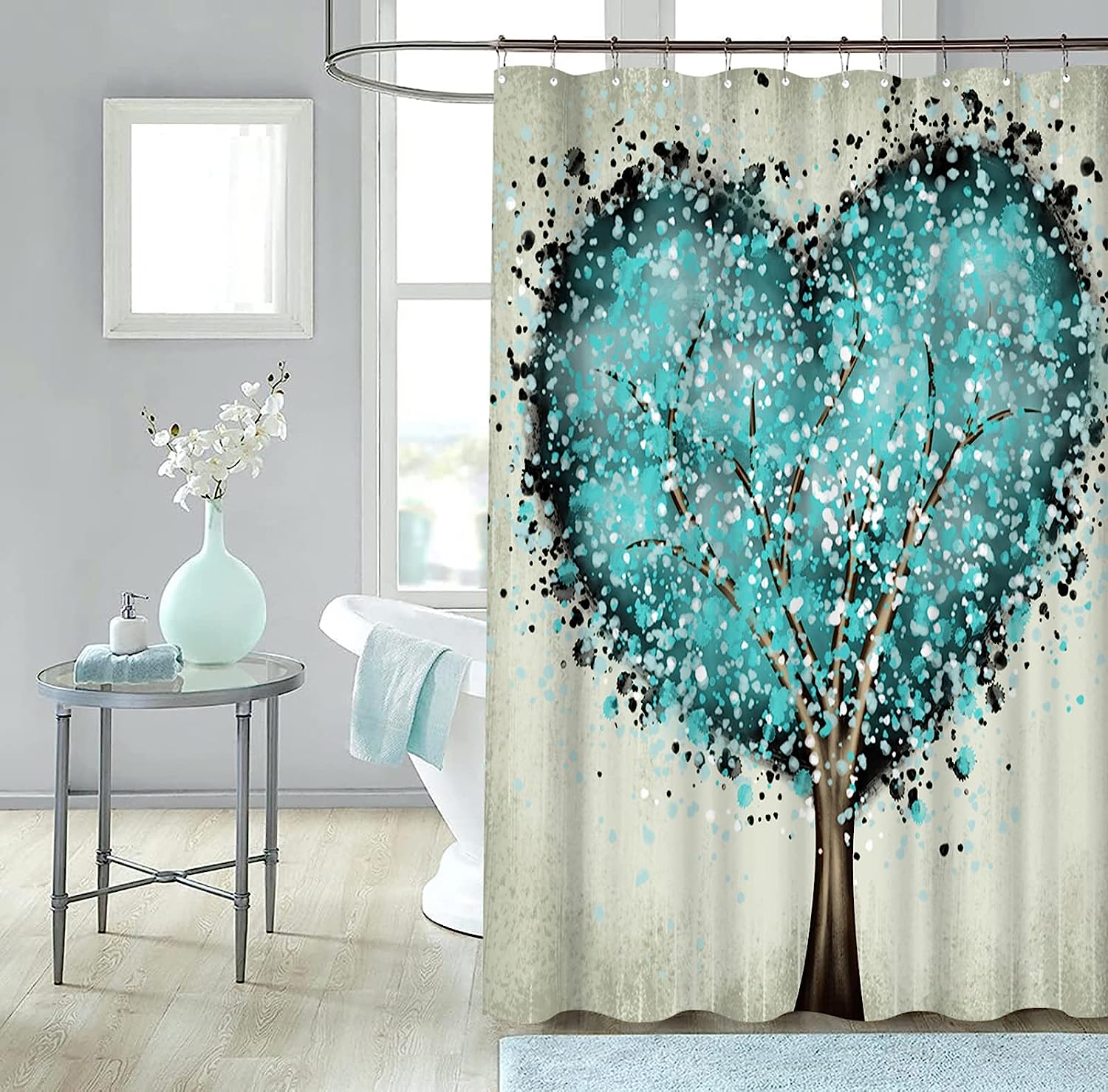 Teal Heart Shower Curtain Tree Of Life Love Theme Beige Waterproof Fabric Bathroom Decorr
