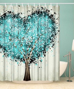 Teal Heart Shower Curtain Tree Of Life Love Theme Beige Waterproof Fabric Bathroom Decorr