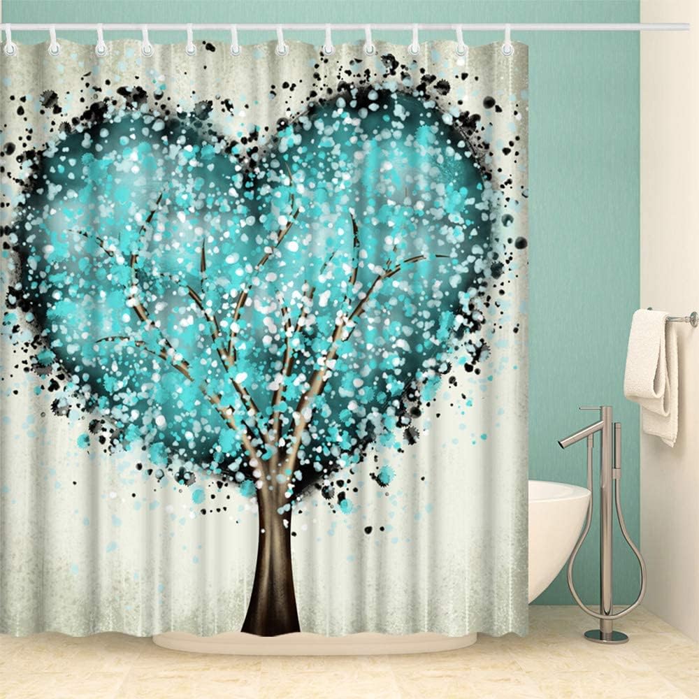 Teal Heart Shower Curtain Tree Of Life Love Theme Beige Waterproof Fabric Bathroom Decorr