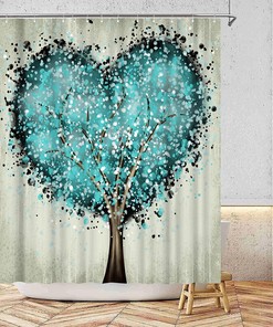 Teal Heart Shower Curtain Tree Of Life Love Theme Beige Waterproof Fabric Bathroom Decorr