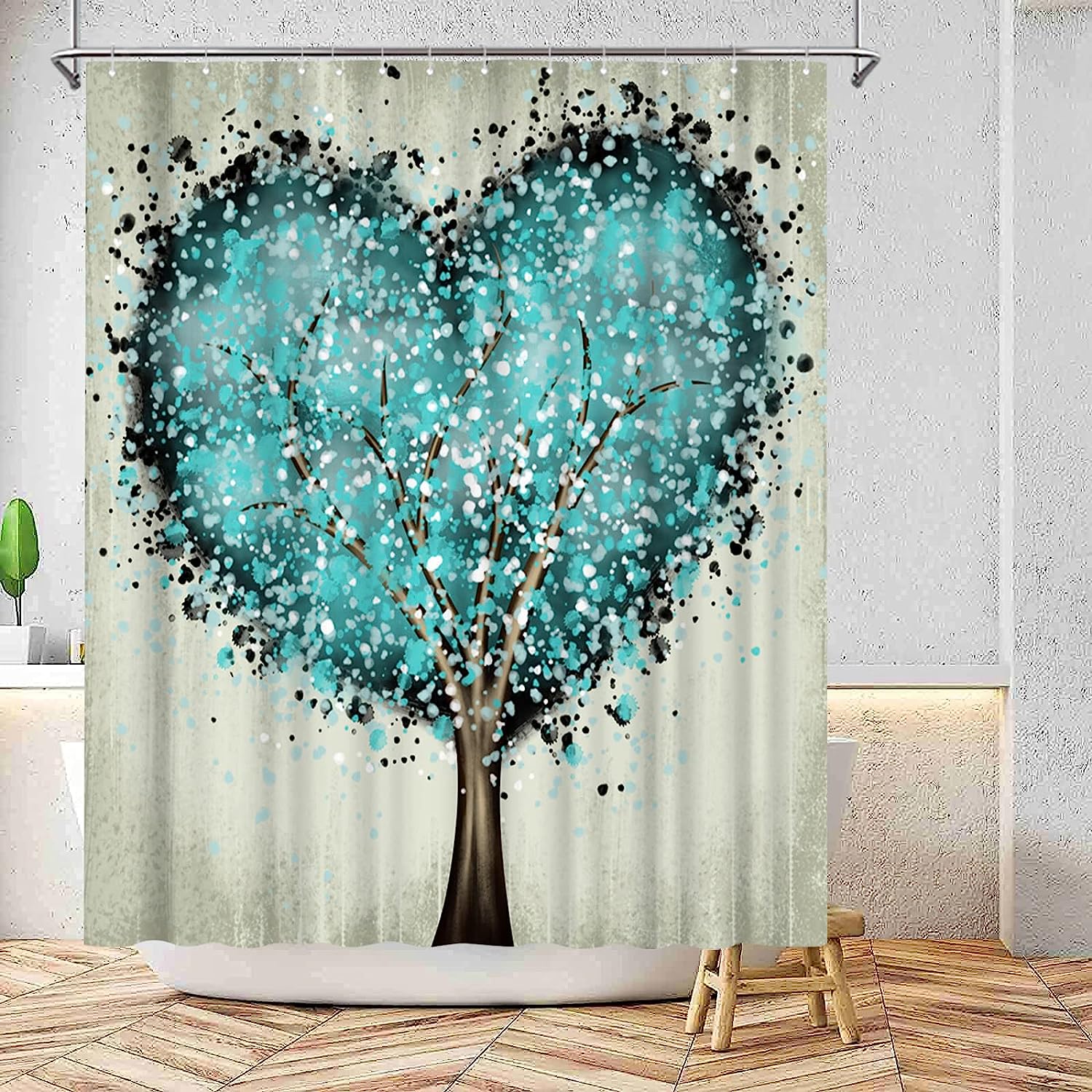 Teal Heart Shower Curtain Tree Of Life Love Theme Beige Waterproof Fabric Bathroom Decorr